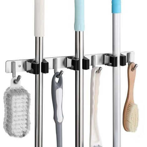 Wandmontierter Besenhalter aus Edelstahl, Besenhalterung mit 3 Schlitzen und 4 Haken für Küche, Bad, Garage und Garten, Schwarz