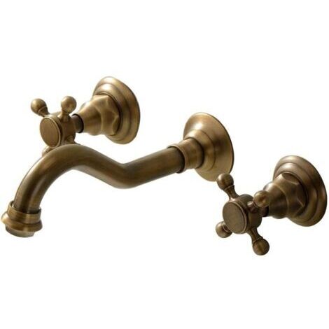 Wandmontierter Doppelwasserhahn aus antiker Bronze mit langem Auslauf im römischen Stil
