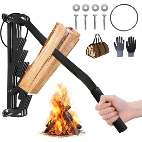 Wandmontierter Holzspalter mit Tasche und Handschuhen, manueller Holzspalter mit Sicherheitsring, für Kamin und Lagerfeuer