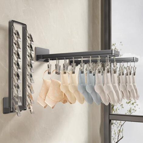 Wandmontierter, klappbarer Sockenhalter mit 16 windfesten Zinklegierungsclips für Unterwäsche und Handtücher (43,3 cm)