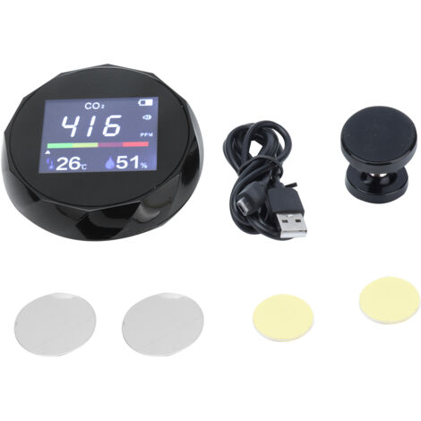 Wandmontierter Luftqualitätsdetektor mit CO2-, Temperatur- und Feuchtigkeitsmessung sowie USB-Ladeanschluss – Schwarz