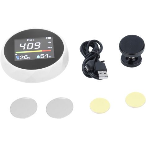 Wandmontierter Luftqualitätsdetektor mit USB-Anschluss, misst CO2, Temperatur und Luftfeuchtigkeit – Weiß