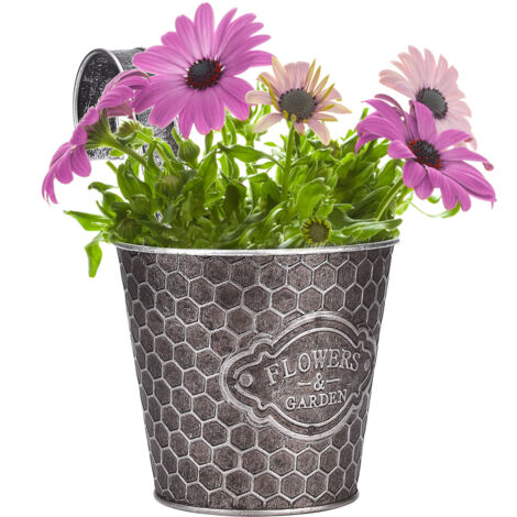 Wandmontierter Metallblumentopf mit vertikalem Rippenmuster - Rustikaler Blumentopf zum Aufstellen oder Aufhängen (1 Stück, Schwarz/Grau/Weiß)
