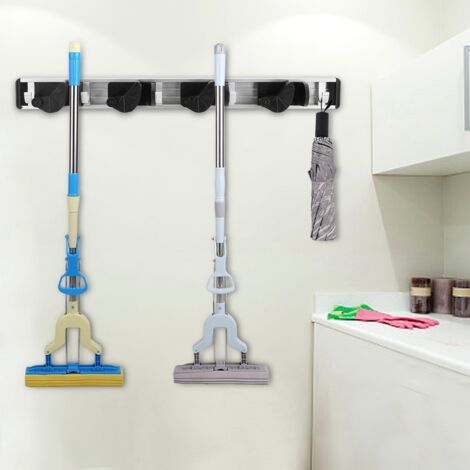 Wandmontierter Mopp- und Besenhalter, Werkzeugablage aus Aluminium-ABS, 4 Positionen, 5 Haken, Aufbewahrungsorganizer