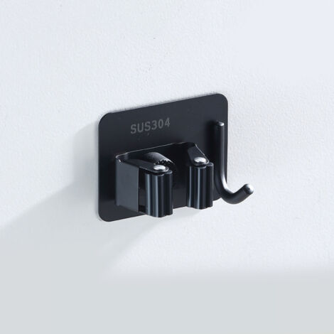 Wandmontierter Mopphalter aus Edelstahl, kein Bohren oder Kleben erforderlich, multifunktionaler Badezimmer-Mopphalter mit Haken, Schwarz