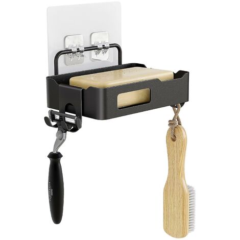 Wandmontierter Seifenhalter, rostfreier Edelstahl-Seifenhalter mit 2 Duschhaken, schwarz