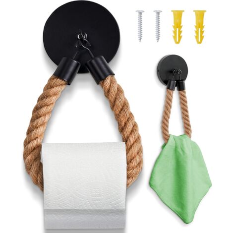 Wandmontierter Toilettenpapierhalter (Bohren/Kleben erforderlich) – Schwarzer Toilettenpapierhalter – Toilettendekoration im Industriestil mit Juteseil – Toilettenpapierhalter aus Holz – Wandmontierte