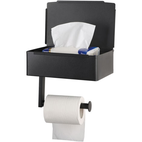 Wandmontierter Toilettenpapierspender aus Edelstahl mit Schublade, Smartphone-Halterung und Ablagefach – Schwarz/Silber – 20,5 x 15,5 x 13 cm
