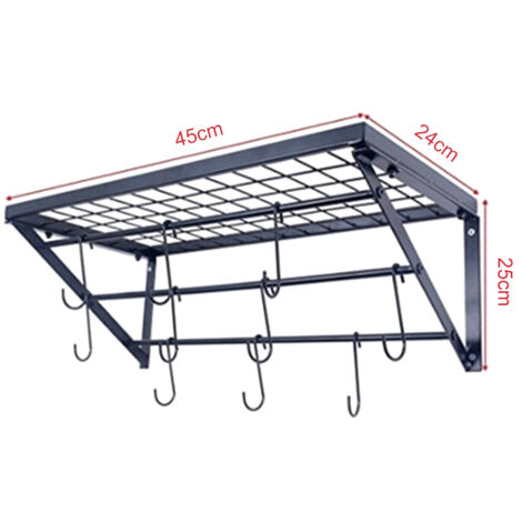 Wandmontierter Topfhalter aus Eisen – Küchenkorb-Organizer mit 10 Haken, Schwarz (45x24x25cm)