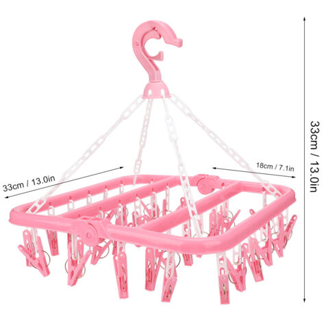 Wandmontierter Wäscheständer mit 32 rutschfesten Klemmen, 360° drehbar, druckfest, wind- und stoßfest, 18 cm (Pink, 245 g)