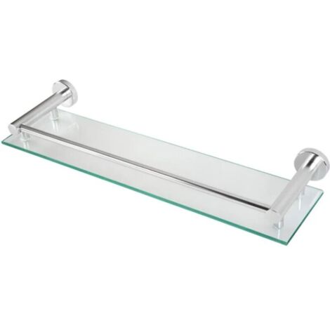 Wandmontiertes Badezimmerregal aus gehärtetem Glas und Aluminium, 50 cm breit, inklusive Befestigungsmaterial, silberfarbene Ausführung.