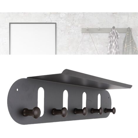 Wandmontiertes Eingangsregal mit 5 Haken aus Eisen und Walnussholz (47,5 x 10 cm) - Multifunktionales Hängeregal für Mäntel, Taschen und Hüte