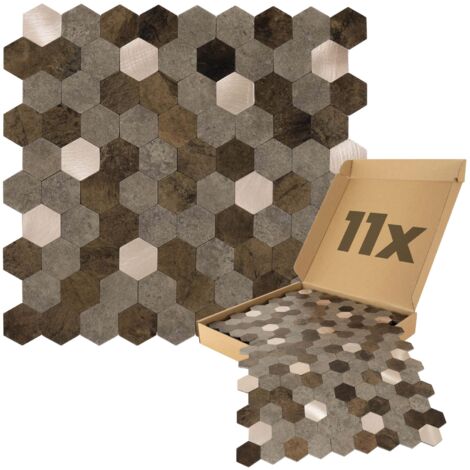 Wandpaneele selbstklebend, Hexagon Muster 0,88m², 11 Stück Wandverkleidung feuchtigskeitsbeständig, Premium Qualität für Bad und Küche - Braun Mix Gold