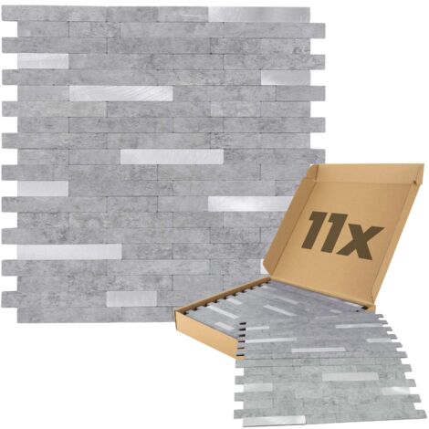 Wandpaneele selbstklebend Steinoptik 1m², 11 Stück Wandverkleidung feuchtigskeitsbeständig, Premium Qualität für Bad und Küche, dünne Streifen - Hellgrau Silber