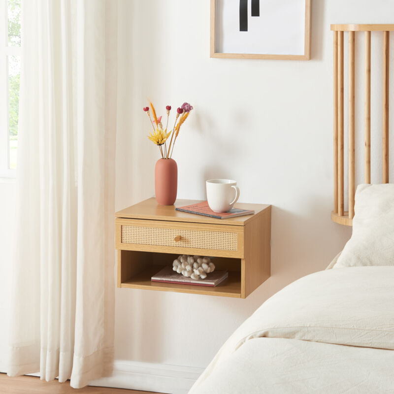 [en.casa] - Wandregal Eiker Mit Schublade 40x32x23 Cm Eiche/rattanoptik