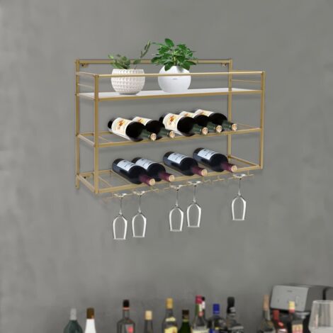 Wandregal für Wein mit 3 Ebenen, 80 x 25 x 55 cm, Halterung für Weinflaschen, Regal, Weinschrank, Halterung für Weingläser, Gläser, ideal für Bars.