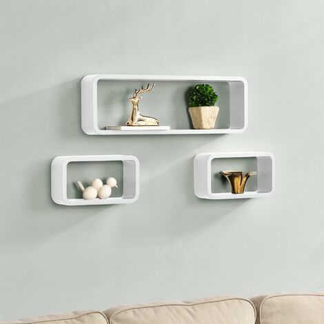 Wandregal Greiz 3er Set Cube Lounge Retro Design Weiß Matt en.casa