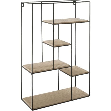 Wandregal Heller Holzfarbton Schwarz MDF Platte Pulverbeschichtetes Metall 60 x 21 x 13 cm Loft Stil Trendy Fächer Viel Stauraum Wohnzimmer