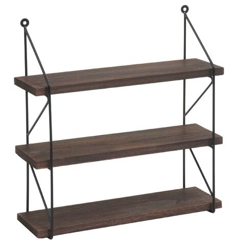 Wandregal HHG-627, Hängeregal Schweberegal Regal, 3 Regalböden Metall Massiv-Holz Industrial 40x40x13cm dunkelbraun
