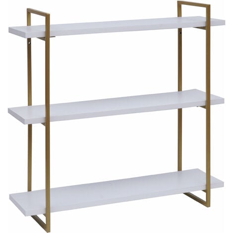 Wandregal HHG-631, Hängeregal Schweberegal, 3 Regalböden Metall Massiv-Holz Industrial 60x60x18cm weiß, Metall gold