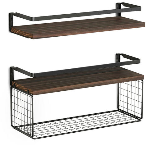 Wandregal Holz, Regal Wand 2er Set, Schwebendes Regal mit Drahtkorb, Stabiles Schweberegale Wandregal Schwarz für Wohnzimmer, Küche, Arbeitszimmer, Badezimmer 40T x 15B x 14H cm