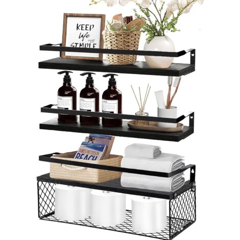 Wandregal, Regal Wand 3er Set Schweberegal Regalbrett Holz mit Drahtkorb, Regalbrett, Wandboard Gewürzregal Hängeregal für Badezimmer, Schlafzimmer, Wohnzimmer, Waschküche Schwarz
