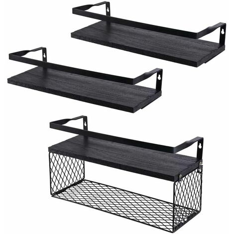 Wandregale 3er-Set, Wandregal aus Holz und Metall, rustikale Aufbewahrungswandregale aus Metalldraht, tragfähig für Wohnzimmer, Schlafzimmer, Büro, Badezimmer oder Küche