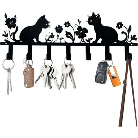 Wandschlüsselhalter, Wandschlüsselhalter mit Katzenmotiv, schwarzer Wandschlüsselhalter, Wandschlüsselhalter mit 7 Haken, Wandschlüsselhalter für Eingangsbereich, Wohnzimmer, Küche, dekorativer Wandsc