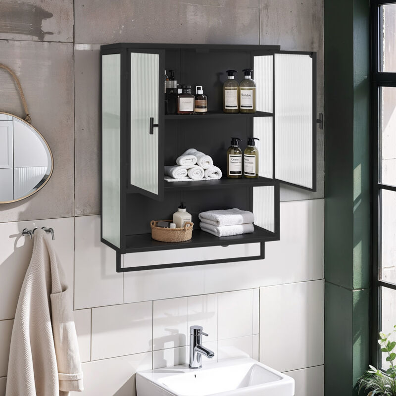 Stilvora Wandschrank Mit 2 Glastüren, 2 Ebenen, Offenes Fach Und Handtuchhalter, Modern, Aus Metall, 60×23×78 Cm, Schwarz
