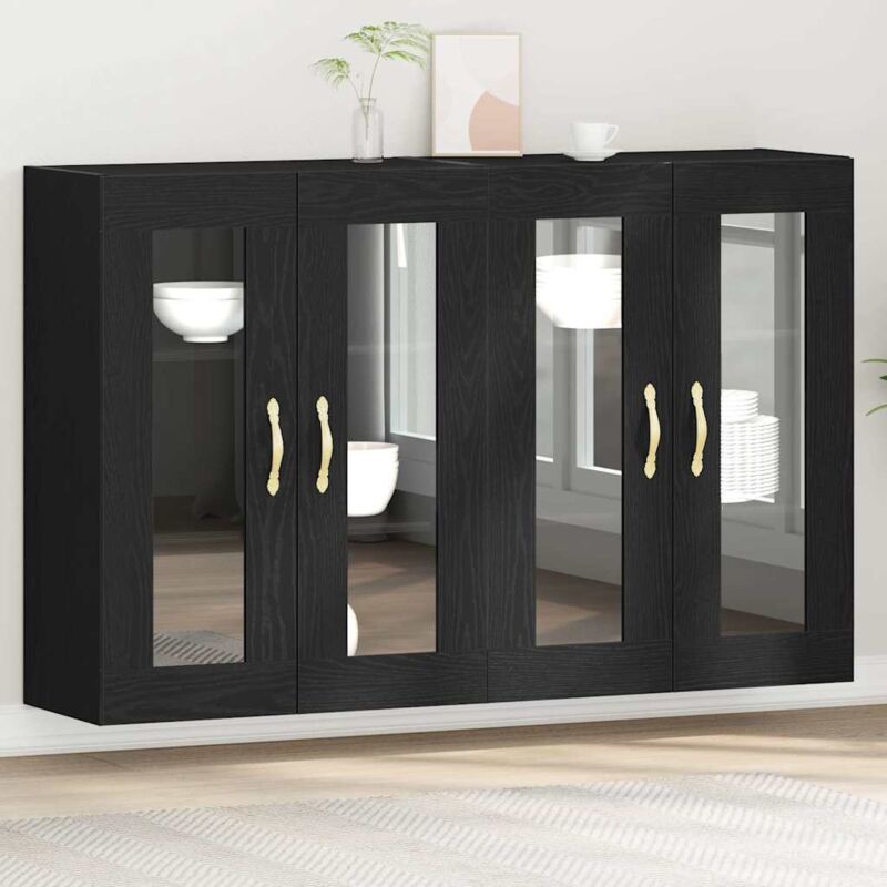 Wandmontiertes Schrankset 2er Set Schwarz Eiche Holz, Glas - Vidaxl