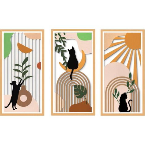 Wandskulpturen aus Holz, Boho-Chic-Dekor, 3-teilig mit Katze, Vase, tropischen Blättern, Sonne- und Mondmotiven