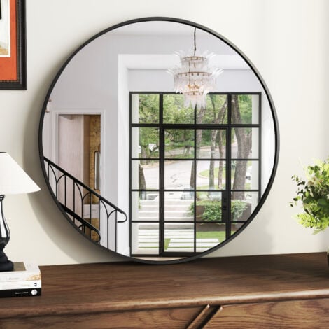 BOROMAL Wandspiegel 100cm Spiegel mit Schwarz Metallrahmen, Badspiegel HD Groß Badezimmerspiegel Rund Metall Rahmen Abgerundete Wandmontage Kosmetikspiegel für Badezimmer Wohnzimmer Waschräume Schlafzimmer