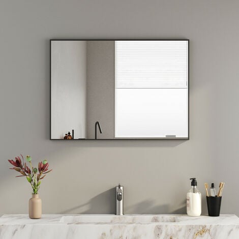 Boromal 60x80cmSchwarz Runder Spiegel HD Wandspiegel Metallrahmen  Badspiegel Rund Badzimmer Spiegel bad schwarzer rahmen