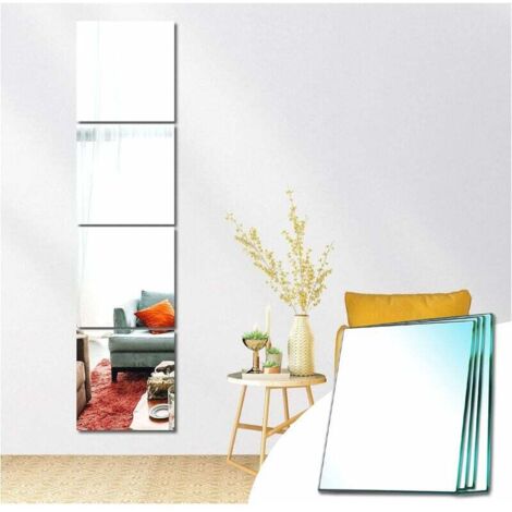 Wandspiegel selbstklebendes Glas rechteckiger dekorativer selbstklebender Spiegel Heimdekoration für Schlafzimmer Wohnzimmertür (normaler Schliff, 30 x 30 cm, 4 Stück)