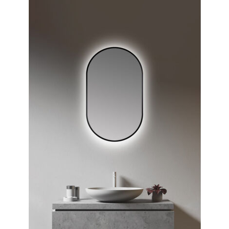 Wandspiegel Talos LED Design Spiegel oval black 45 x 75 cm - Badspiegel mit LED Beleuchtung - Lichtspiegel mit hochwertigem, umlaufenden Aluminiumrahmen in matt schwarz - Badezimmerspiegel