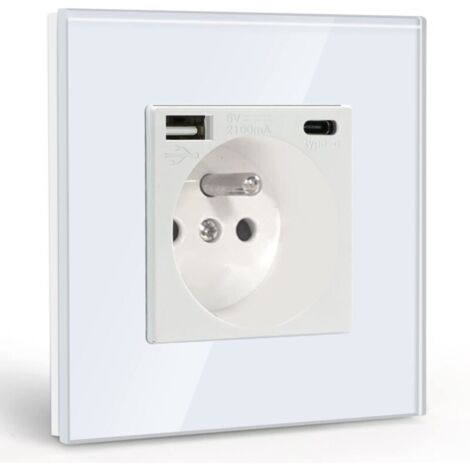 Wandsteckdose mit USB und 1 Typ C, weißer Wechselstrom mit Kristallglasscheibe, Wandsteckdosenleiste mit USB (max. 2,1 A), geeignet für Smartphone, Tablet