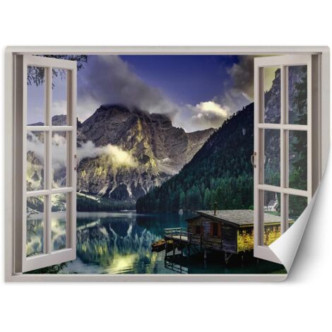 Wandtapete, Fensterblick auf den See, Chalet in den Bergen – 210x150