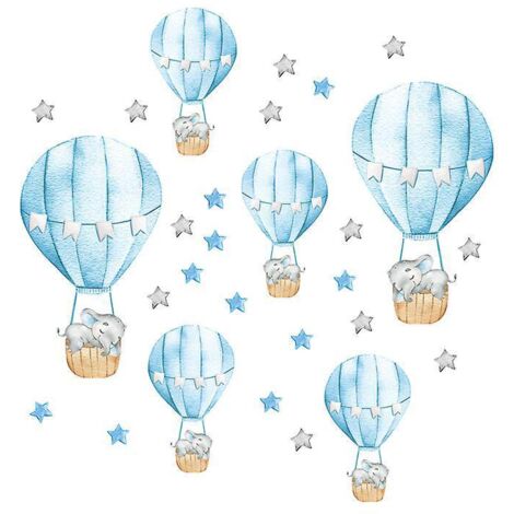 Wandtattoos mit blauen Tieren: Heißluftballon, Affe, Giraffe, Elefant – ideal für Kinderzimmer und Babyzimmer.