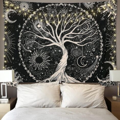 Wandteppich „Baum des Lebens“, Mond und Schwarze Sonne, psychedelisch
