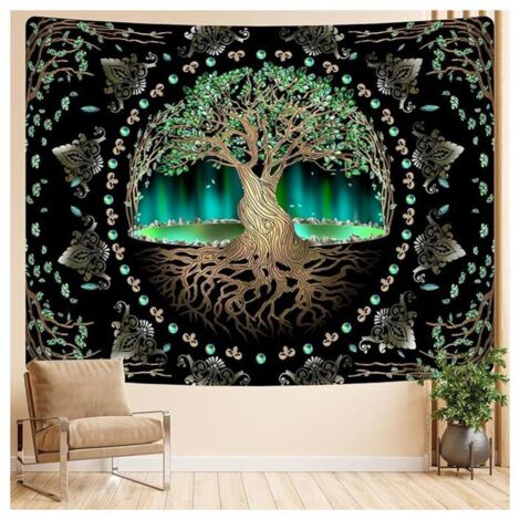 Wandteppich „Natural Aurora Tree of Life“, Meditations-Wandteppich mit grünen Blättern, ideal für die Dekoration von Wohnräumen, Schlafzimmern, Wohnzimmern und Studentenwohnheimen.