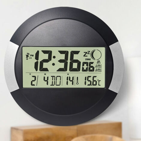 Wanduhr (geräuschlos, kabellos, batteriebetrieben, 24-Stunden-Anzeige, Kalender, Wochentag, Thermometer, geeignet zur Wand- oder Tischmontage) Kunststoff, Schwarz