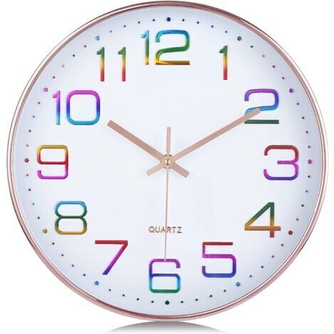 Wanduhr mit mehrfarbigen 3D-Zahlen, leise moderne Wanduhr Roségold, leicht ablesbares Quarzwerk ohne Ticken, Dekoration für Wohnzimmer, Schlafzimmer, Büro, 30cm