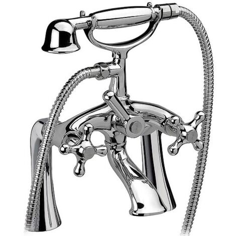 Wannenrand-Zweigriffmischer-Set Retro inkl. Handbrause, Brausehalter und Brauseschlauch - chrom
