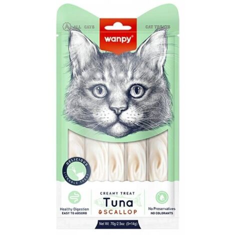 Wanpy Cat  Golosinas Cremosas  Snack cremoso con salsa para gatos (70 g) - Vieiras de atún (5 x 14 g)