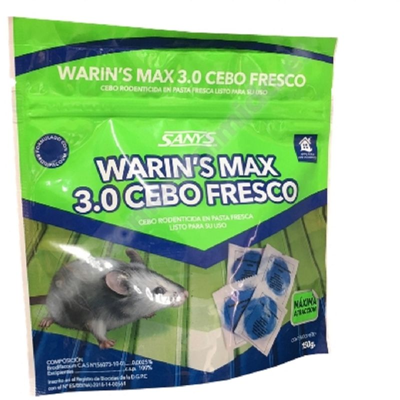 

Warin´S MAX 3.0 Raticida de Máxima Atracción en Cebo Fresco con Brodifacoum, Potente Veneno para Matar Ratas y Ratones - Bolsa 150 gr