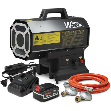 Warm Tech – Canon à chaleur au gaz hybride 9 à 20KW – Débit d'air 500 m³/h – Autonomie 8h avec batterie 20V – Protection contre la surchauffe