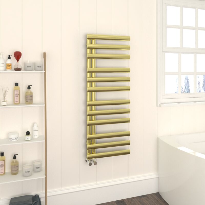 Designer Oval Panel Heated Towel Rail 1200x450mm Bathroom Ladder Style Radiator Warmer Central Heating Brushed Brass - Warmehaus