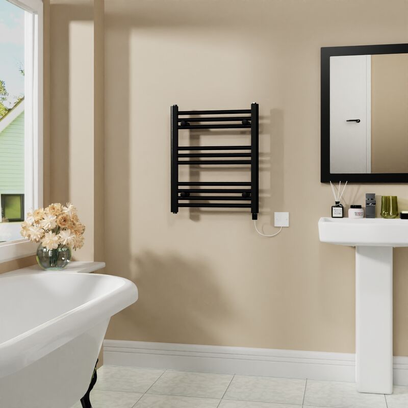 WarmeHaus Electric Heated Warming Towel Rail Straight Bathroom Radiator Ladder Style Black - 600x500mm 400W
