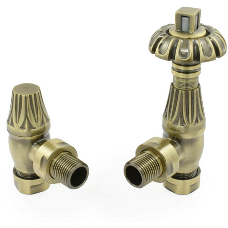 Warmehaus Traditional Antique Style Brass Thermostatic Radiator Valve Lockshield Heated Towel Rail Angled TRV Polished Antique Brass