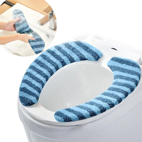 Warmer, waschbarer Plüsch-WC-Sitzbezug, weiche und rutschfeste WC-Matte mit Klebestreifen, pflegeleicht, blau